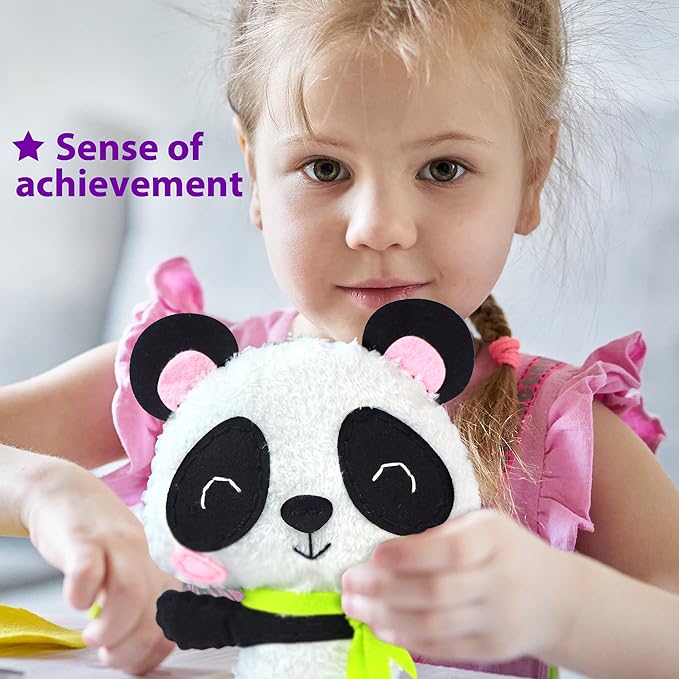 KRAFUN Panda Animal Sewing Kit for Kids Beginner My First Art & Craft, Includes Panda Doll Stuffed Animal, Instructions & Plush Felt Materials for Embroidery, Age 7 8 9 10 11 12