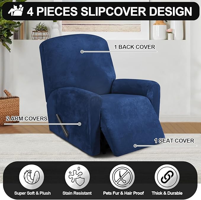 FestiCorp Recliner Chair Covers Real Velvet 4-Pieces Recliner Covers for Small Lazy Boy Recliner Chair Stretch Recliner Sofa Slipcovers Furniture Protector with Side Pocket & Elastic Bottom, Navy