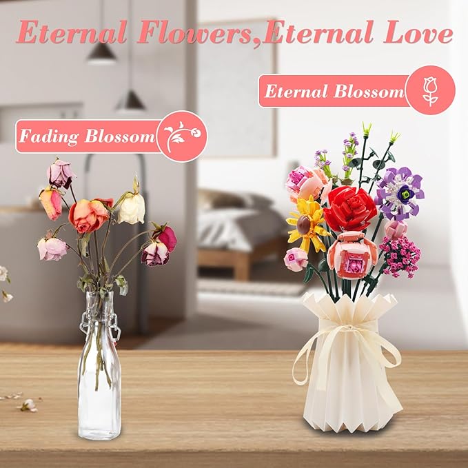 Compatible with Lego Flowers Bouquet, Flower Building Toy Set, Building Block Sets for Adults and 6+ Ages Kids, 530pcs Botanical Collection & Table Art, Gifts for Birthday and Christmas(White Vase)