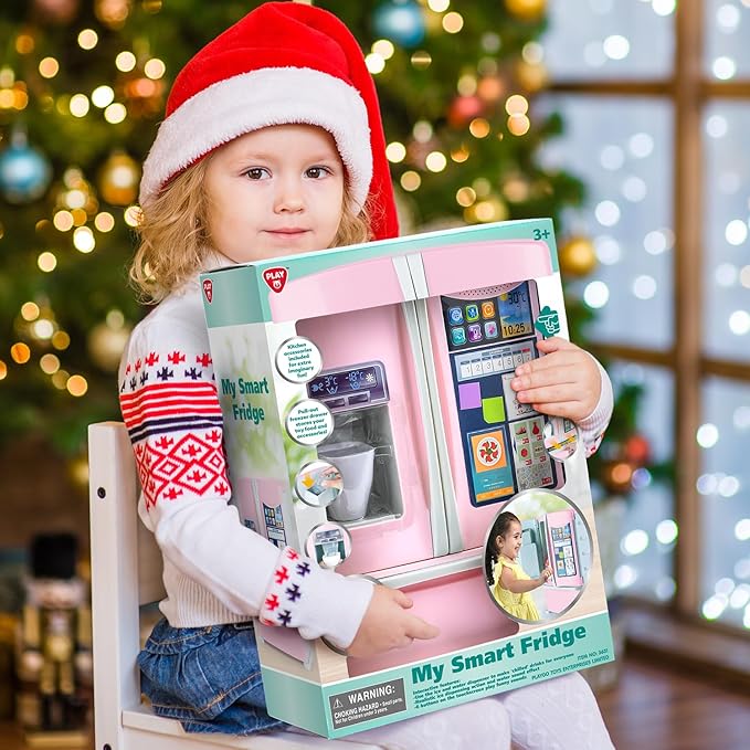 PLAY Kids Kitchen Refrigerator with Ice Dispenser, Pretend Play Fridge Kitchen Set for Toddlers, Toy Kitchen Appliance Accessories for Girl Boy Christmas Birthday Gift Age 1-3 4-8