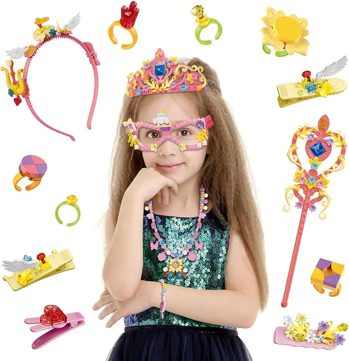 Building Blocks Toys Set for Kids Creative DIY Stacking STEM Educational Toys Fun Preschool Building Toy Includes Necklaces, Bracelets, Rings, Crown, Glasses, Hairpins, Wand