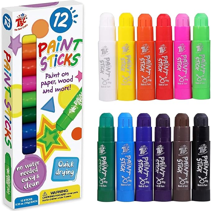 TBC The Best Crafts Paint Sticks,12 Classic Colors, Washable Paint, Non-Toxic, Tempera Paint Sticks for Kids and Students