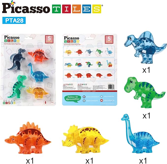 PicassoTiles Magnet Tile Dinosaur Action Figure Playset Mix or Match Compatible Prehistoric Parts STEM Magnetic Tiles for Creative Building Imaginative Educational Pretend Play Toddlers Ages 3+ PTA28