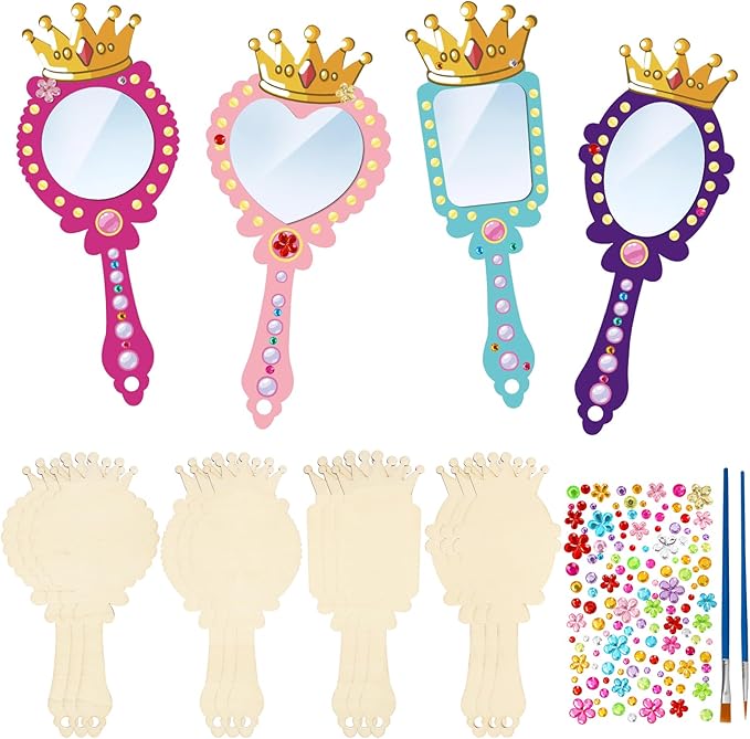 Fennoral 12 Pack Wooden Mirror Craft for Kids Decorate You Own Princess Mirrors for Girls DIY Paint Wooden Hand Mirror for Art Activities Birthday Gift Valentine's DayParty Supplies
