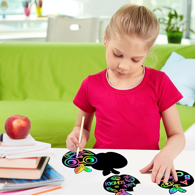 WATINC 60pcs Back to School Scratch Art for Kids, Paper Scratch Off Cards Craft Kit, Fruit Magic Color Art Party Favors, School Classroom Appreciation Activity DIY Project Drawing Paper