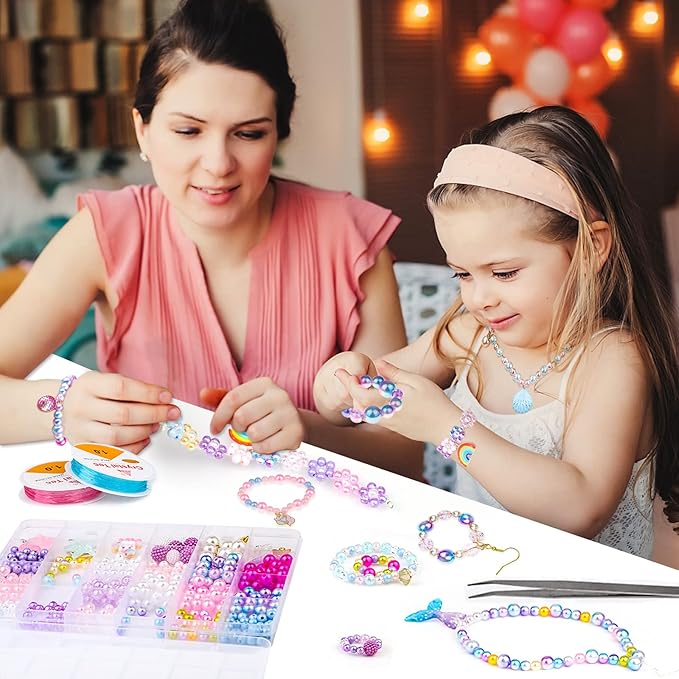 Cludoo 773Pcs Mermaid Charm DIY Beads for Jewelry Making, Unicorn DIY Bracelet Making Bead Kit for Kids Girls with Starfish Shell, Ocean Pearl Beads