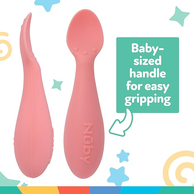 Nuby Silicone Mini Spoons - (2-Pack) Baby-Led Weaning Spoons for Babies - 4+ Months - Pink