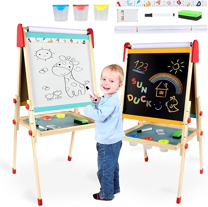 aiwo Art Easel for Kids Ages 3-12, Wooden Magnetic Chalkboard &Whiteboard,Height Adjustable Toddler Painting Easel, Gift and Art Supplies for Toddlers