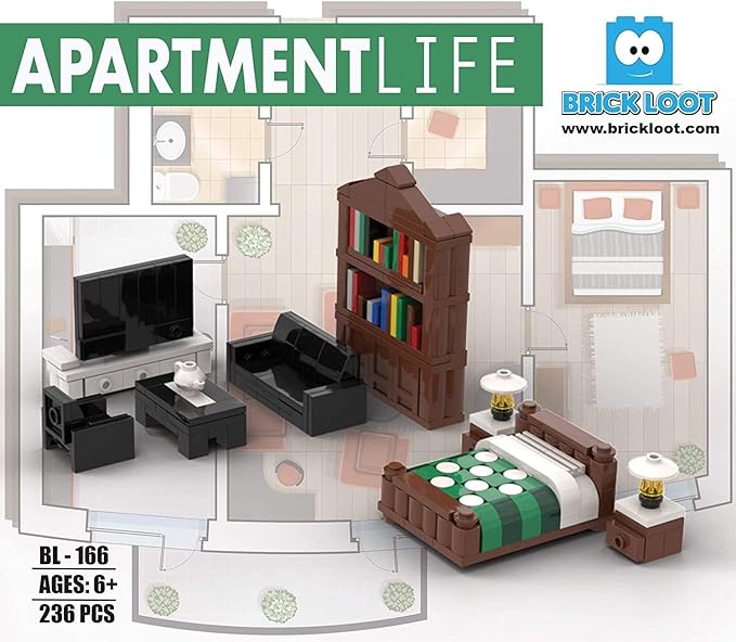 Brick Loot Toy Building Blocks Furniture Minifigure City Set Kit, For Adults & Kids Age 6+, 100% Compatible with Lego & Major Brands, Includes Bookcase, TV, Bed, Couch, Chair, Coffee Table, 236 Pieces
