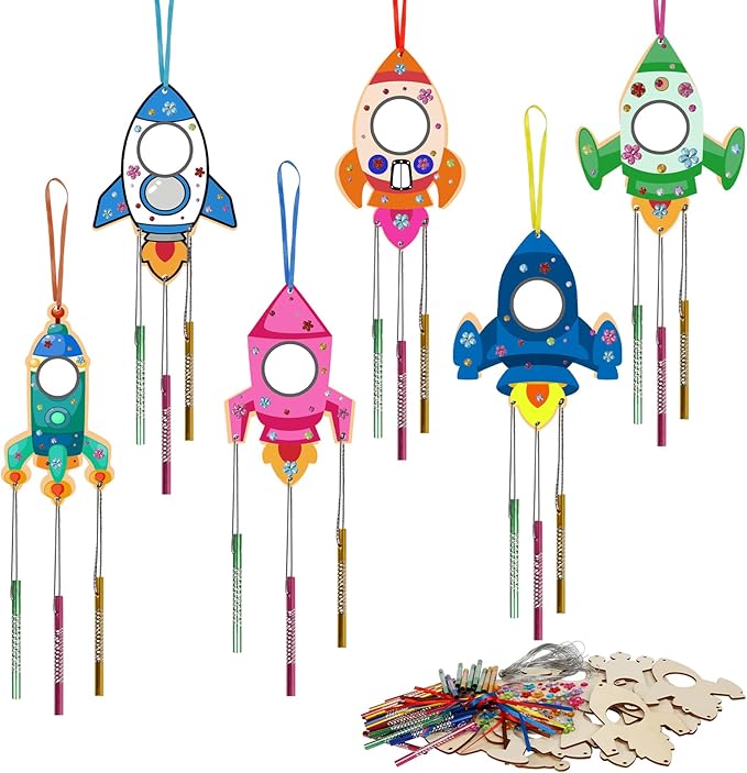 Fennoral 12 Pack Wind Chime Kit for Kids Make Your Own Rockets Wind Chime Craft Wooden Arts and Crafts for Girls Boys DIY Coloring Rockets for Art Activity Birthday Party Decoration