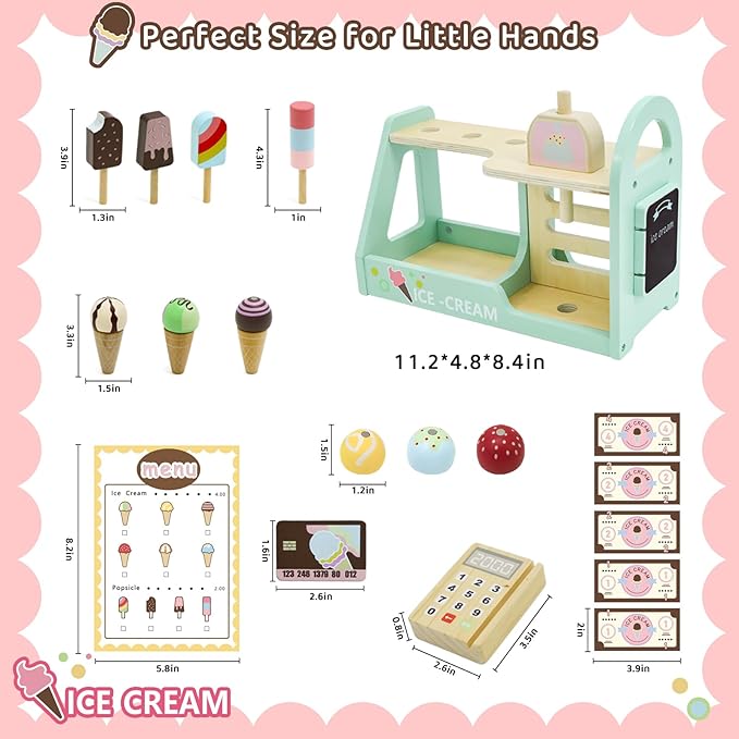 Wooden Ice Cream Counter Playset for Kids, 19pcs Ice Cream Toys for Toddlers, Ice Cream Shop Toys for Kids Ages 3+, Play Food and Accessories Pretend Food Toys for Girls Boys