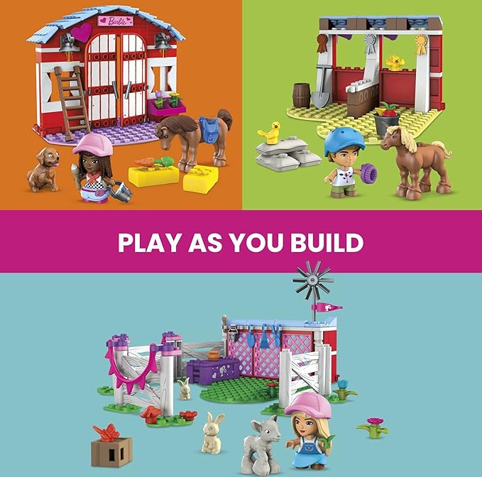 Mega Barbie Pets Horse Toy Building Set with 3 Micro-Dolls and Accessories, 9 Pets, Easy-to-Build Horse Stables Playset,
