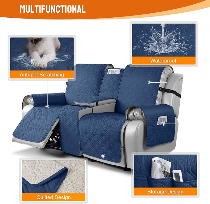VANSOFY Loveseat Recliner Cover with Console 100% Waterproof Sofa Slipcovers Non-Slip Reclining Couch Cover Split Sofa Covers Furniture Protector for Pets, Dogs(Ocean Blue)