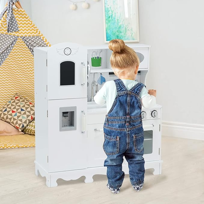 ARLIME Kids Kitchen Playset, Wooden Toy Toddler Kitchen w/Simulated Sound, Sink, Stovetop, Microwave, Refrigerator, Pretend Play Kitchen Great Gift for Boys Girls