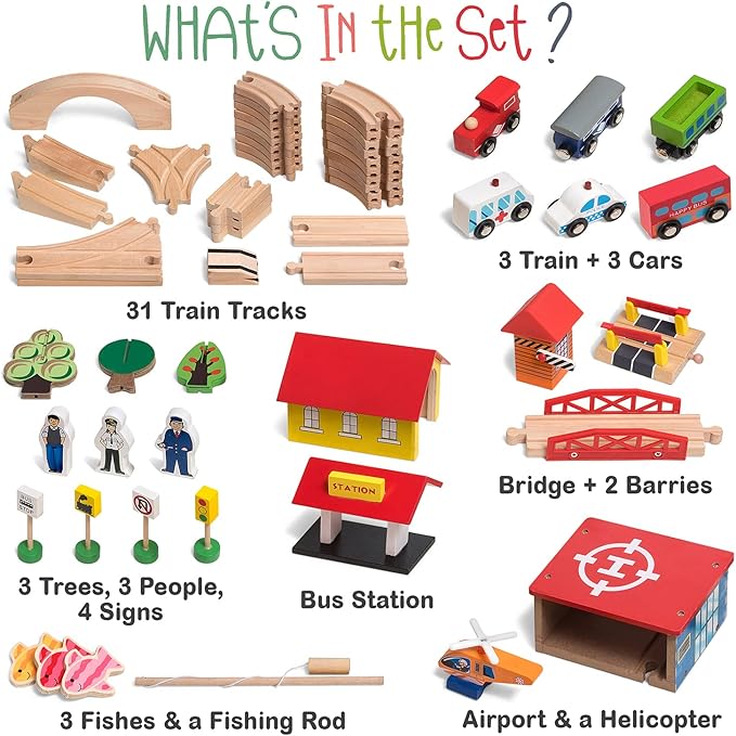 Wooden Train Set - 69 Pieces Wooden Train Tracks & Trains for Kids, Toddler Boys and Girls 3,4,5 Years Old and Up– Premium Wood Construction Toys -Fits Thomas, Brio, IKEA, Melissa and Doug
