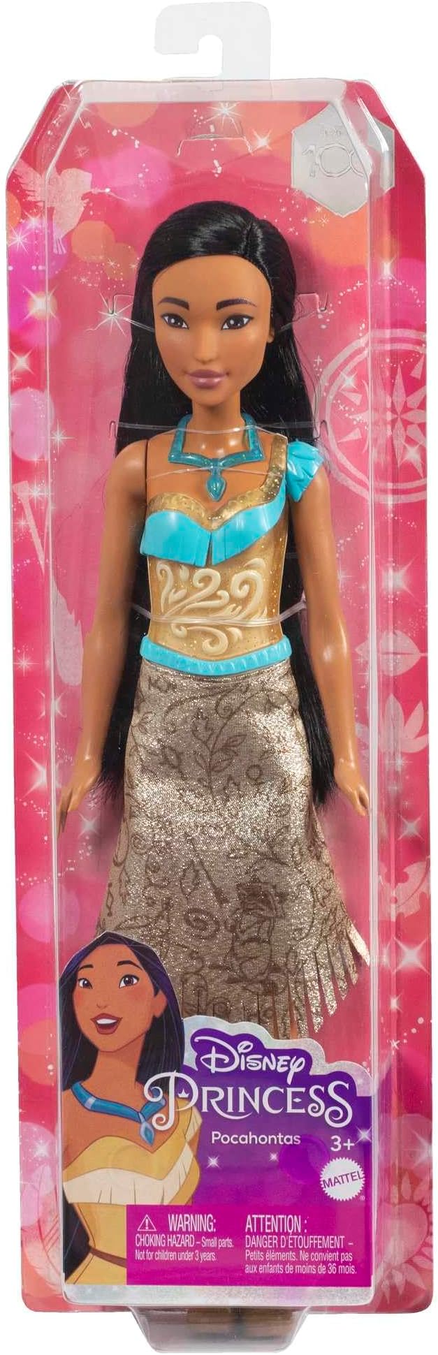 Mattel Disney Princess Toys, Pochontas Fashion Doll, Sparkling Look with Black Hair, Brown Eyes & Necklace Accessory, Inspired by the Movie
