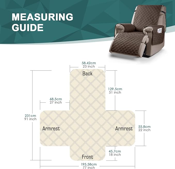 Ruaozz 100% Waterproof Recliner Chair Cover Non-Slip Reclining Cover for Recliner Chair Washable Chair Seat Cover with Elastic Straps for Kids, Dogs, Pets (Brown, 23'')
