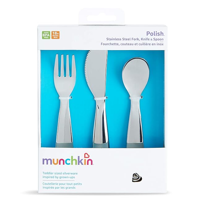 Munchkin Polish Toddler Utensils, Includes Fork, Knife and Spoon, Stainless Steel, 3 Piece