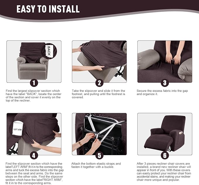 KinCam Recliner Covers, Stretch Reclining Chair Covers, Recliner Sofa Slipcovers Stripe Jacquard Recliner Couch Covers Furniture Protector Covers for Pet Kid (1 Seater, Chocolate)