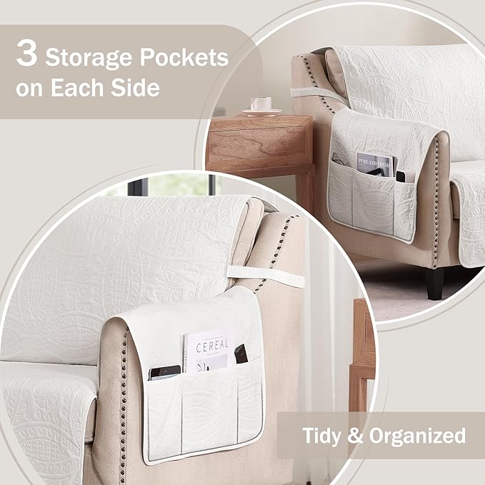 Soft Quilted Couch Cover with Pockets for Extra-Large Sofa, Anti-Slip Sofa Covers Washable for 3 Cushion Pet Friendly Medallion Oversized Sofa Cover Water-Repellent (X-Large Sofa 78", White)
