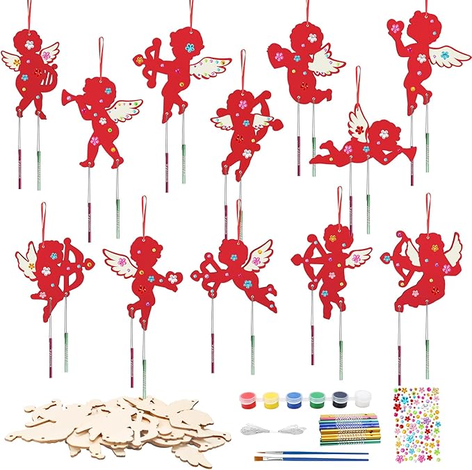 Fennoral 12 Pack Valentine's Day Wind Chime Kit for Kids Make You Own Valentines Day Hanging Wind Chimes DIY Coloring Wooden Ornaments for Kids Art and Craft Valentine's Day Gifts Party Decoration
