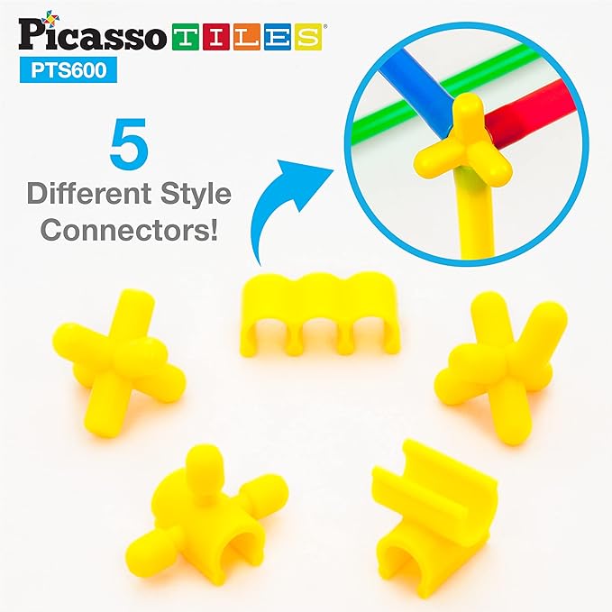 PicassoTiles 600pc Construction Toy Straw Building Set Children STEM Learning Interlocking Building Toys Creative Straw Connecting Builder Kits Early Education Kit for Kids Boys & Girls Ages 3+ PTS600