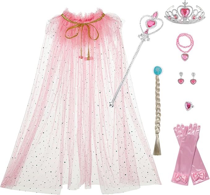 Princess Cape Set Dress Up Accessories Party Cosplay Cloak Costumes with Tiara Crown Wand Wig Golves for Little Girls