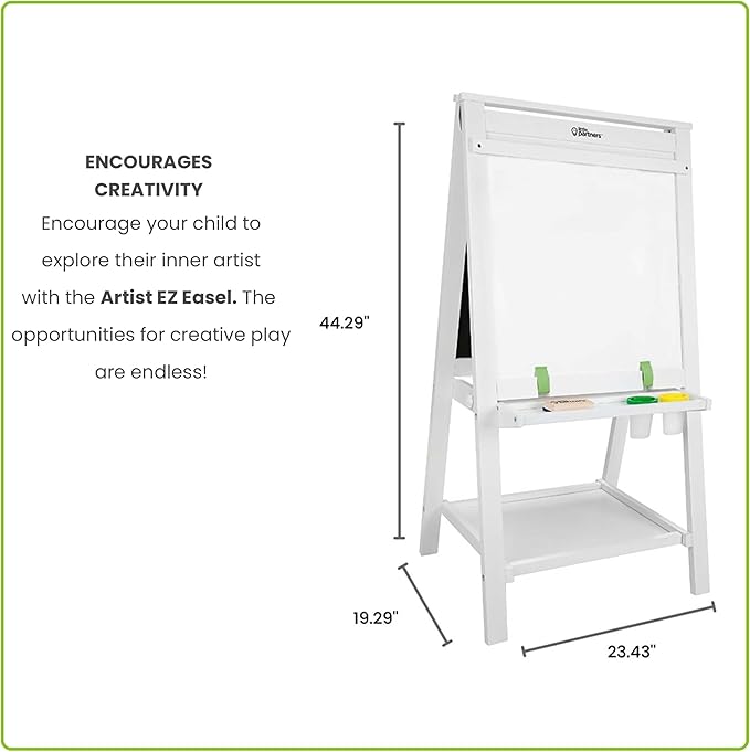 Little Partners Folding EZ Painting Easel for Kids, Dual-Sided Art Easel for Kids Art Station, Folds Flat with Chalkboard, Dry Erase Whiteboard, Paper, Eraser, Paint Cups, Shelf (Soft White)