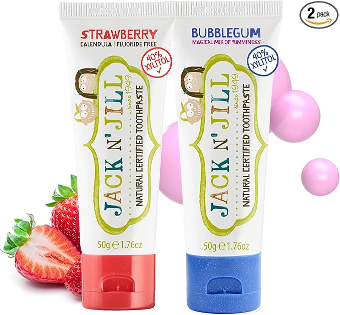 Jack N' Jill Natural Toddler Toothpaste for Baby, Kids and Infants 6 Months & Up, Fluoride Free Training Toothpaste for Toddlers 1-3 (1.76 Fl Oz (Pack of 2), Strawberry & Bubblegum)