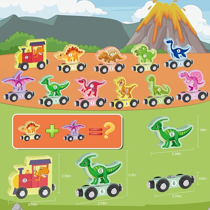Wooden Train Set for Toddlers 3-5 Boys Girls Kid Birthday Gift 11PCS Magnetic Dinosaur Number Train Toy Educational Game 4-8 Year Old Children Holiday