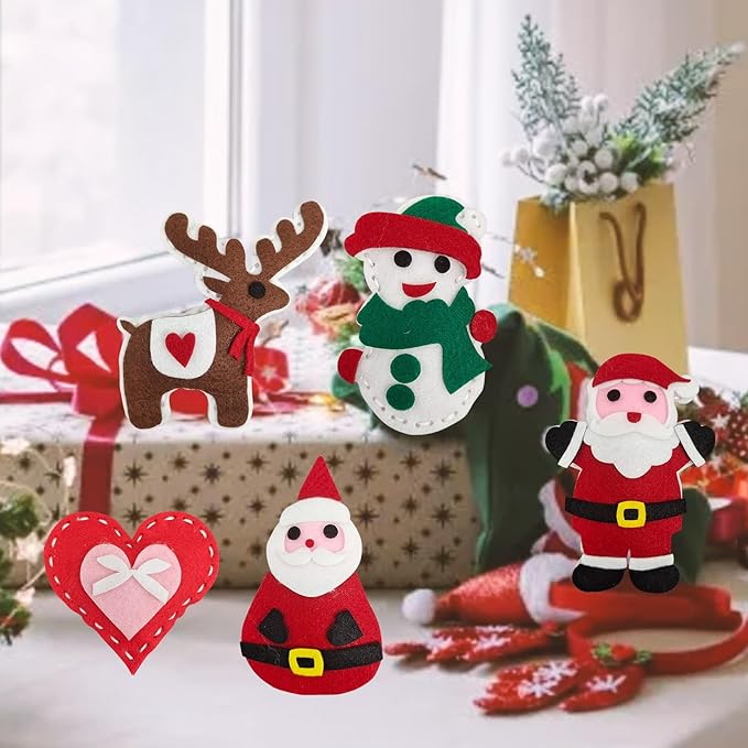 Jtnohx Sewing Kit for Kids, Felt Christmas Ornaments Set, 5 Sets DIY Craft Kits - Christmas Deer, Santa Claus, Snowman, Heart, Christmas Tree Decor for Home Party Decorations