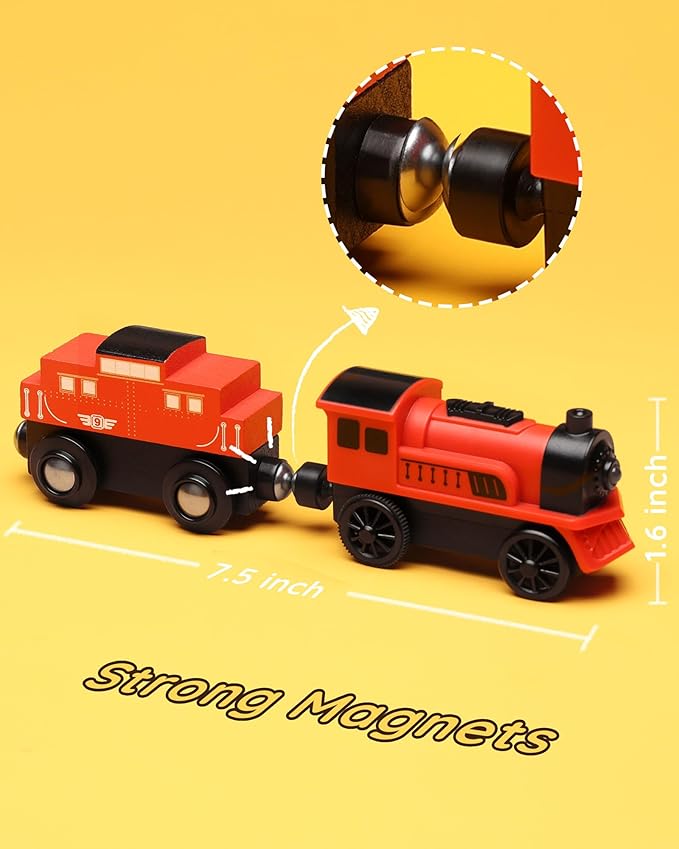 SainSmart Jr. Wooden Train Set Accessories, 2 PCS Motorized Train for Toddlers with Magnetic Connection, Battery Operated Train Compatible with All Major Brands, Gift for Kids Aged 3+