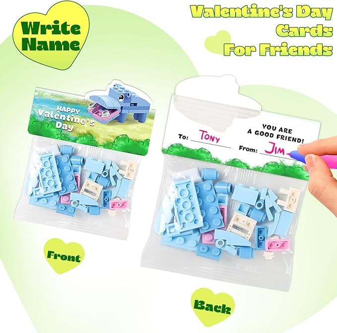 Valentines Day Gifts for Kids - 24 Pack Prefilled Animal Building Blocks with Valentine's Day Cards Sets for School Classroom Class Party Favor, Valentines Crafts Exchange for Boys Girls Teens