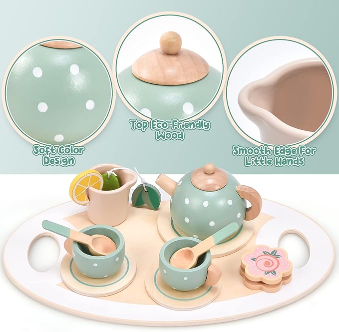 Atoylink Wooden Tea Party Set for Little Girls 28 Pcs Toddler Tea Set with Cupcake Stand & Food Pretend Play Accessories Kids Kitchen Playset Wooden Toys for 2 3 4 5 6 Year Old Girl Birthday Gift