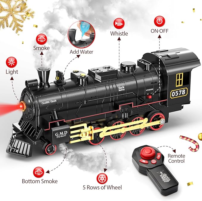 Hot Bee Train Set for Boys,Remote Control Christmas Train Sets w/Steam Locomotive,Light Passenger Cars & Tracks,Trains Toys w/Smoke,Whistle & Lights,Christmas Toys Gifts for 3 4 5 6 7 8+ Year Old Kids