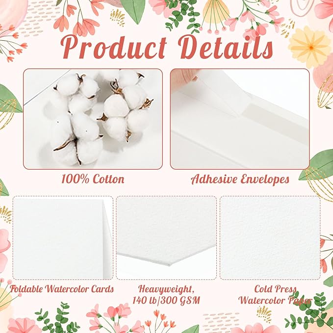60 Sets Watercolor Cards with Envelopes, 140 lb/300 GSM Watercolor Paper Cards, 4x6 Inch Foldable Blank Watercolor Postcards and Envelopes for Greeting Cards, Wedding Invitations, Thank You Cards