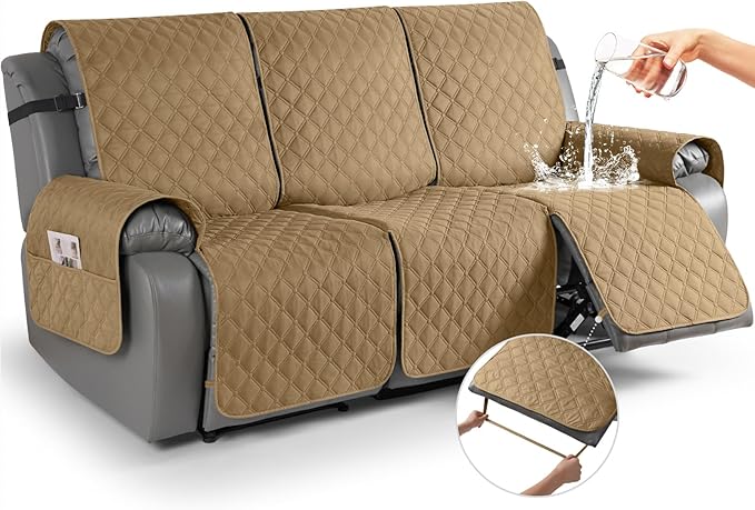 TAOCOCO 100% Waterproof Recliner Covers, Recliner Sofa Covers with Leg Straps, Reversible Recliner Couch Cover for Reclining Chair, Washable Couch Protector for Pets Kids(3 Seater, Camel)
