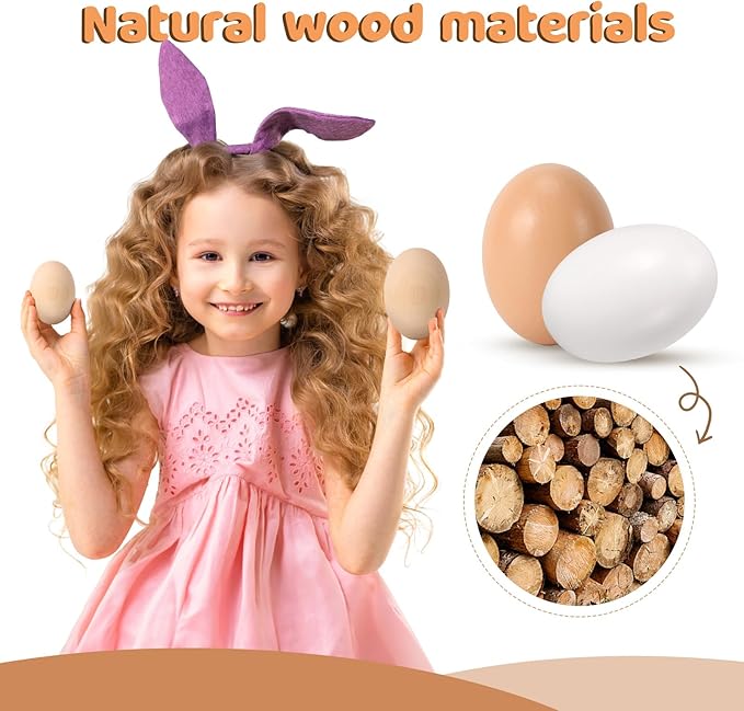 Large White Wooden Eggs,3.1x2.3 inches 8 Count Wooden Eggs in Carton for Painting, Crafts, and Dyeing, Food Toys for Kitchen Play and Room Decor
