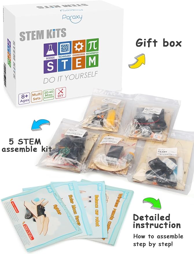 Poraxy STEM Model Car Kits, Toys for Boys Age 8-12, 5 in 1 Kids Wood Building Kit 8-10, 3D Wooden Puzzles, Educational Science Crafts Kits, Birthday Gifts for 8 9 10 11 12 13 14 Years Old Boys