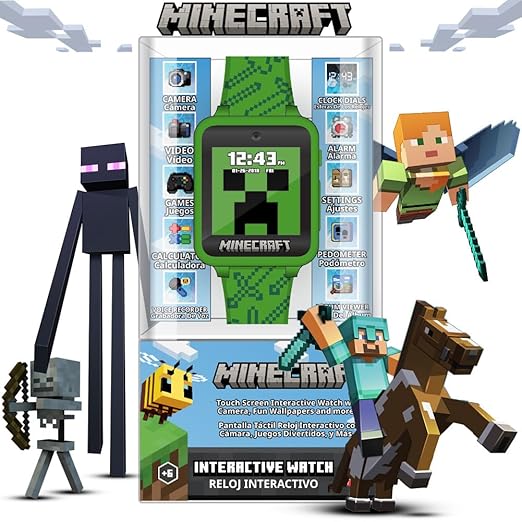 Accutime Microsoft Minecraft Green Educational Learning Touchscreen Smart Watch Toy for Boys, Girls, Toddlers - Selfie Cam, Learning Games, Alarm, Calculator, Step Tracker & more! (Model: MIN4045AZ)