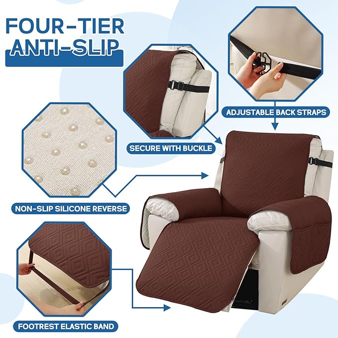 XINEAGE 100% Waterproof Recliner Cover, Non Slip Recliner Chair Cover with Elastic Band, Washable Recliner Slipcover with Storage Pockets for Kids, Pets (Coffee, 30")