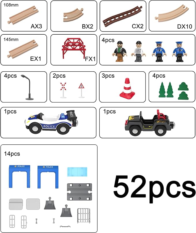 Wooden Train Set for Toddlers, 52Pcs Train Toy with Railway Track for Kids, Wooden Train Tracks Include Expansion Pack Compatible with Thomas, Brio, Chuggington