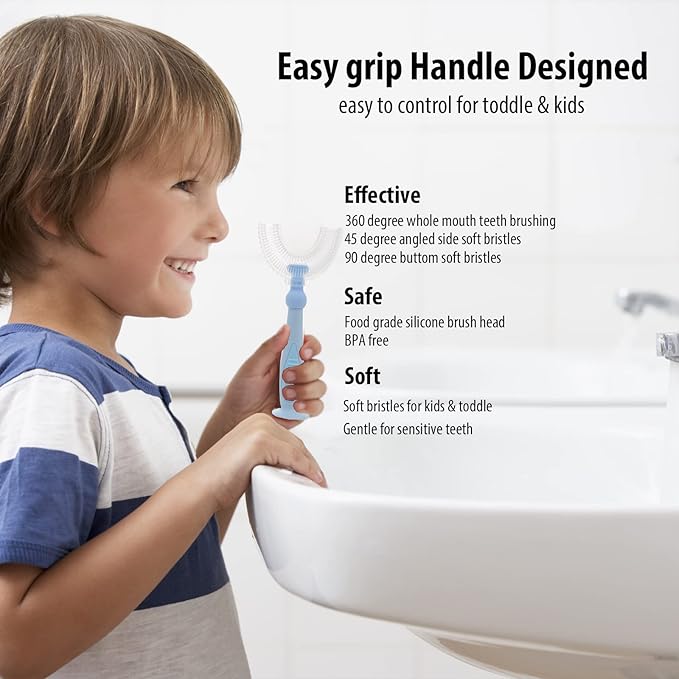 U Shaped Toothbrush Kids,Children Tooth Brush with Replaceable Soft Food Grade Silicone Heads 3 PCS, Whole Mouth Teeth Cleaning for Age 6-12 Years Blue