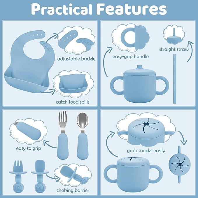 Silicone Baby Feeding Set, Baby Led Weaning Supplies, Eating Essentials Utensils with Suction Plate and Bowl, Pocket Bib, Sippy Cup with Lid, Forks Spoons Snack Container, for 6+ Months, Blue
