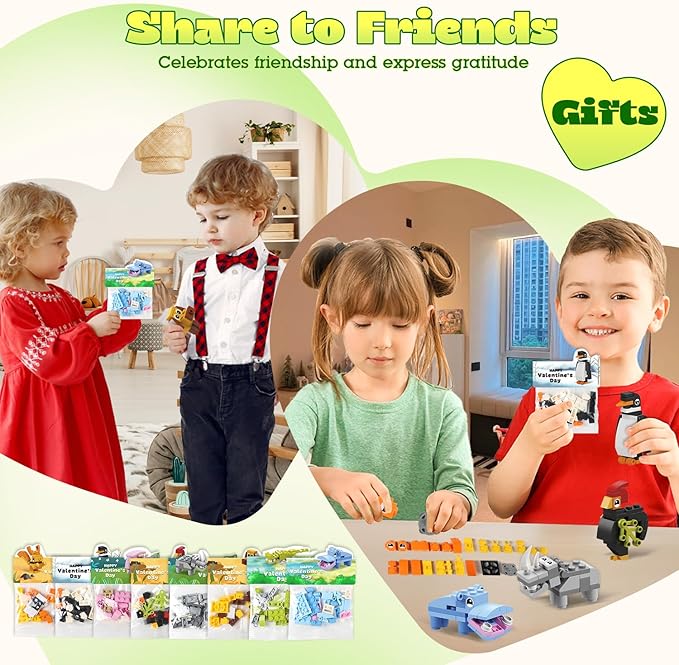 Valentines Day Gifts for Kids - 24 Pack Prefilled Animal Building Blocks with Valentine's Day Cards Sets for School Classroom Class Party Favor, Valentines Crafts Exchange for Boys Girls Teens