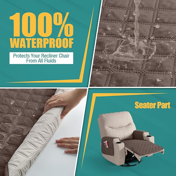 Ruaozz Waterproof Recliner Chair Covers Non Slip Chair Covers Washable Recliner Covers for Reclining Chair with Pockets Covers for Recliner Chair for Pets, Kids (Brown, Medium-25'')