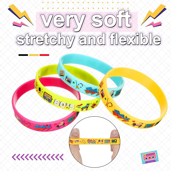 Leitee 48 Pcs 80s Party Favors 1980s Themed Silicone Bracelets 80s Jewelry for Women Men Radio Roller Skate 80s Bracelets Retro Rubber Wristbands for 1980s Party Birthday Music Party Supplies