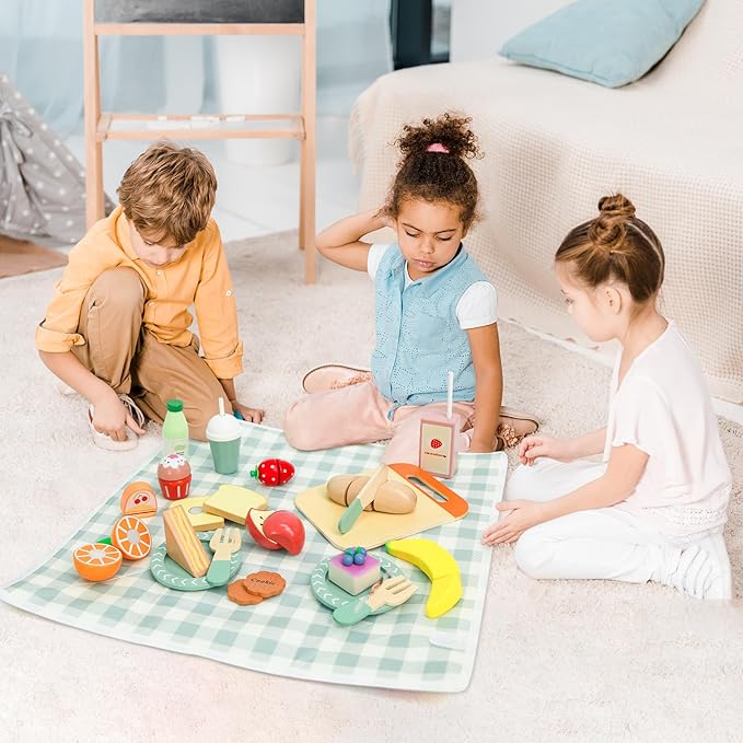 Picnic Playset - Wooden Play Food - Play Food Sets for Kids Kitchen - Pretend Food, Toy Food with Multifunctional Storage Bag, Non-Toxic Toy Picnic Set Best Gift for 3+ Toddlers