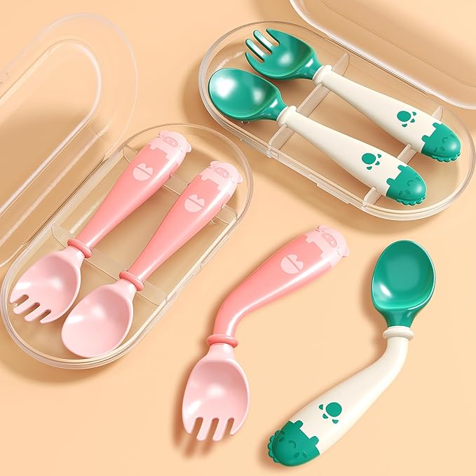 Deejoy Toddler Utensils with Travel Safe Case, Silicone Baby Spoons and Fork Set for Self Feeding, Toddlers Feeding Training Spoon, Easy Grip Heat-Resistant, Bendable Function (2 Sets, Green&Pink)