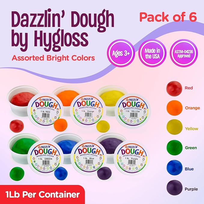 Hygloss Play Modeling Dough - 6lb. Dough Scented - Safe & Non-Toxic for Kids Arts & Crafts - Party Favors - Classroom Supplies, 6 Assorted Colors
